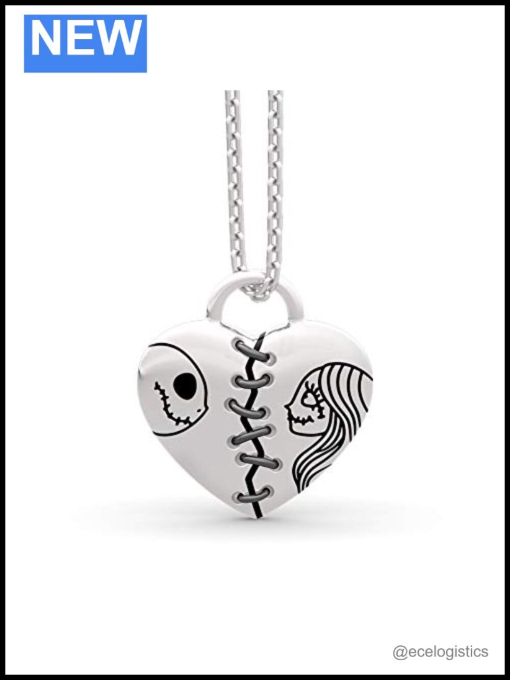 925 Sterling Silver Jack Skellington Sally Pendant Necklace Heart Love Gift for